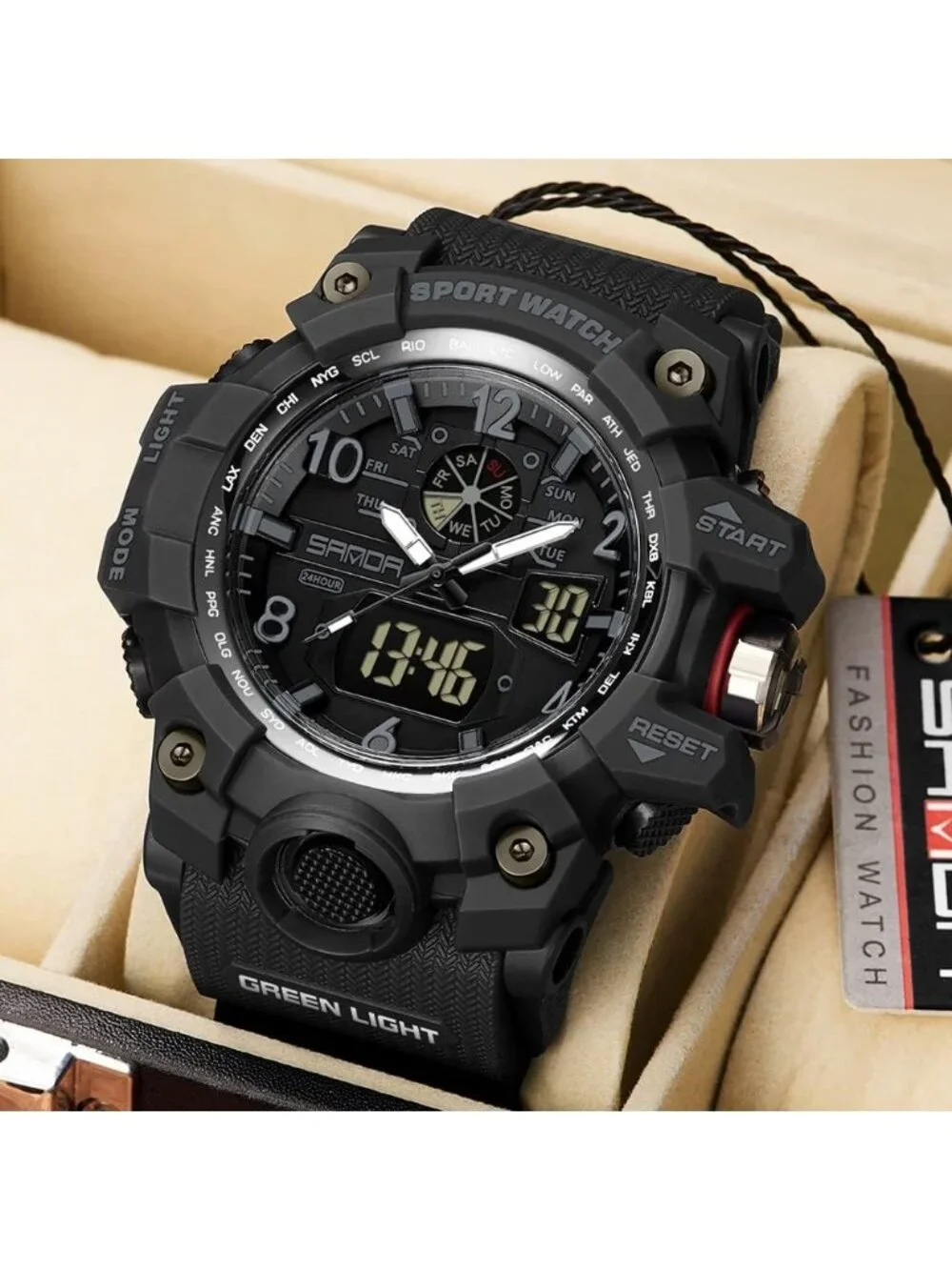 Men's Black Analog Quartz Waterproof Multi Function Tactics LED Digital Watch